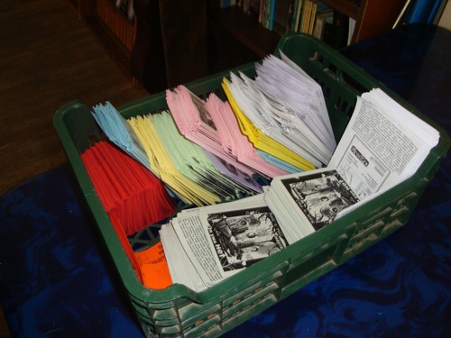 A box of Russian Tracts. Many of these tracts are testemonies of the people who go to Street Cry. 