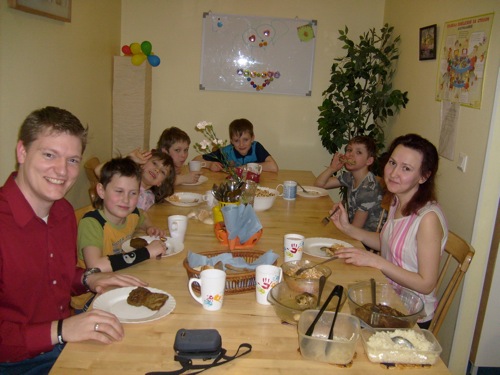 Here I am eating at a Russian family home. Think of it as a micro orphanage. It only has 4 boys and 4 girls. It's like a foster home and is much better for children than a traditional orphanage. The kids loved my beat boxing.  